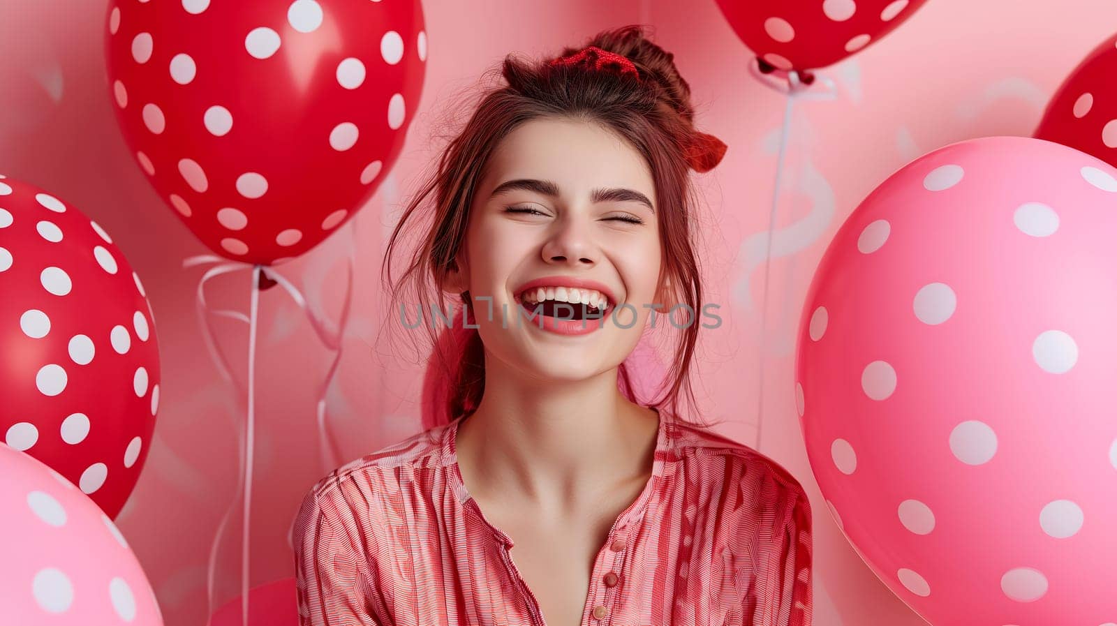 Young adult woman with red and pink air balloons laughing, on pink polka dots background. Happy holiday party. Joyful beauty having fun, celebrating Valentine's Day. by z1b