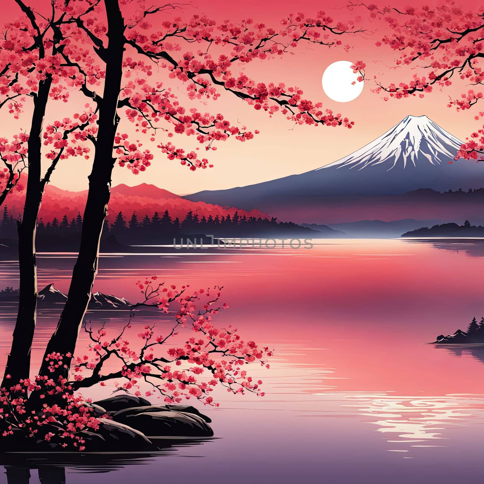 Majestic Mount Fuji in foreground, complemented by delicate backdrop of cherry blossoms in full bloom, tranquility of Japans iconic landscapes. For art, creative projects, fashion, style, magazines