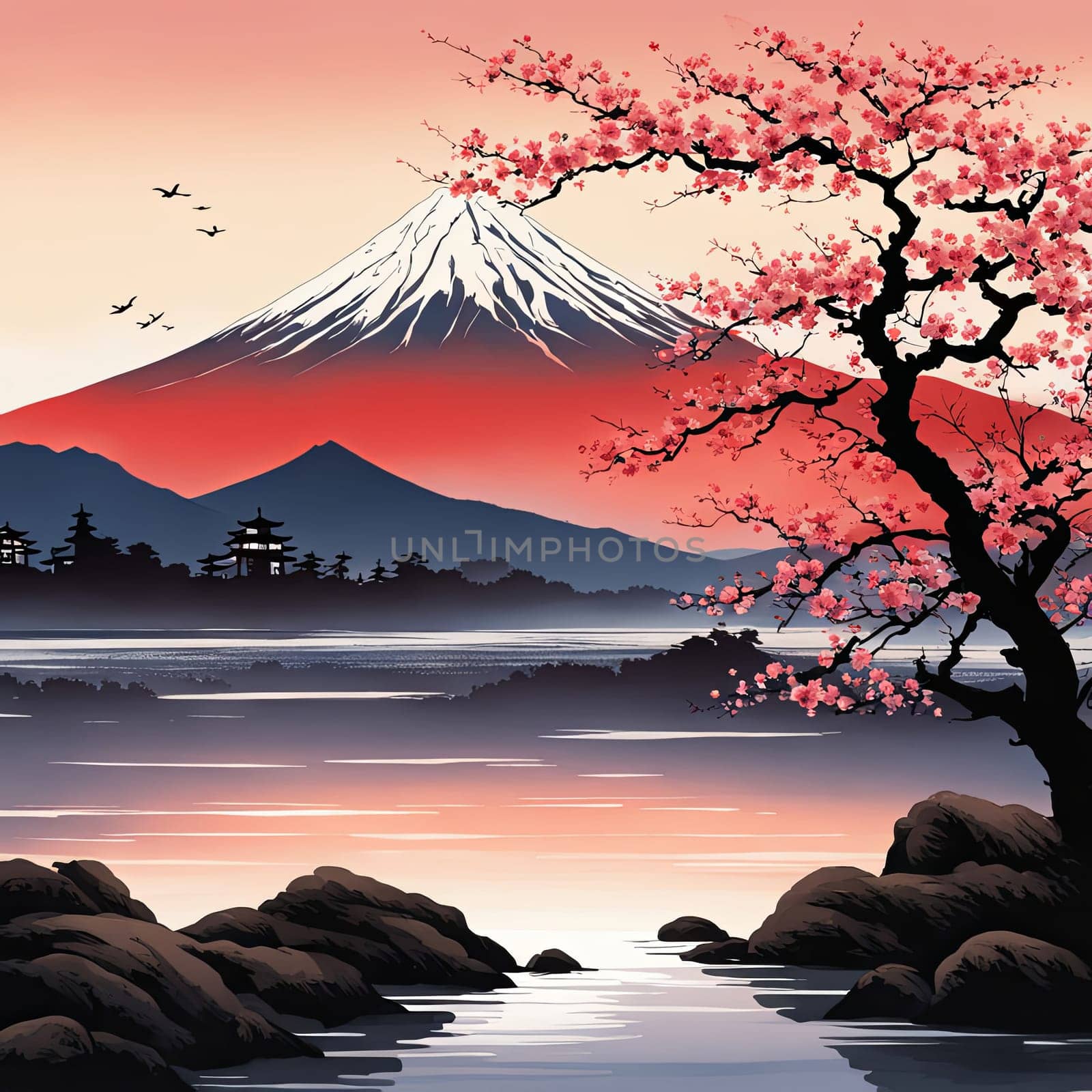 Mount Fuji at sunset, capturing majestic silhouette of mountain against vibrant, colorful sky as sun dips below horizon, creating tranquil scene. For art, creative projects, fashion, style, magazines. by Angelsmoon