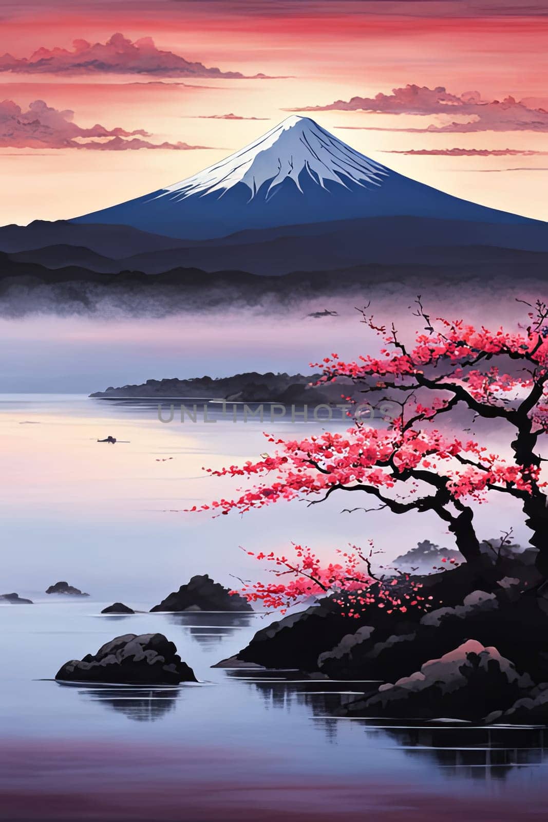 Mount Fuji range with red tree in foreground. For meditation apps, on covers of books about spiritual growth, in designs for yoga studios, spa salons, illustration for articles on inner peace, print. by Angelsmoon