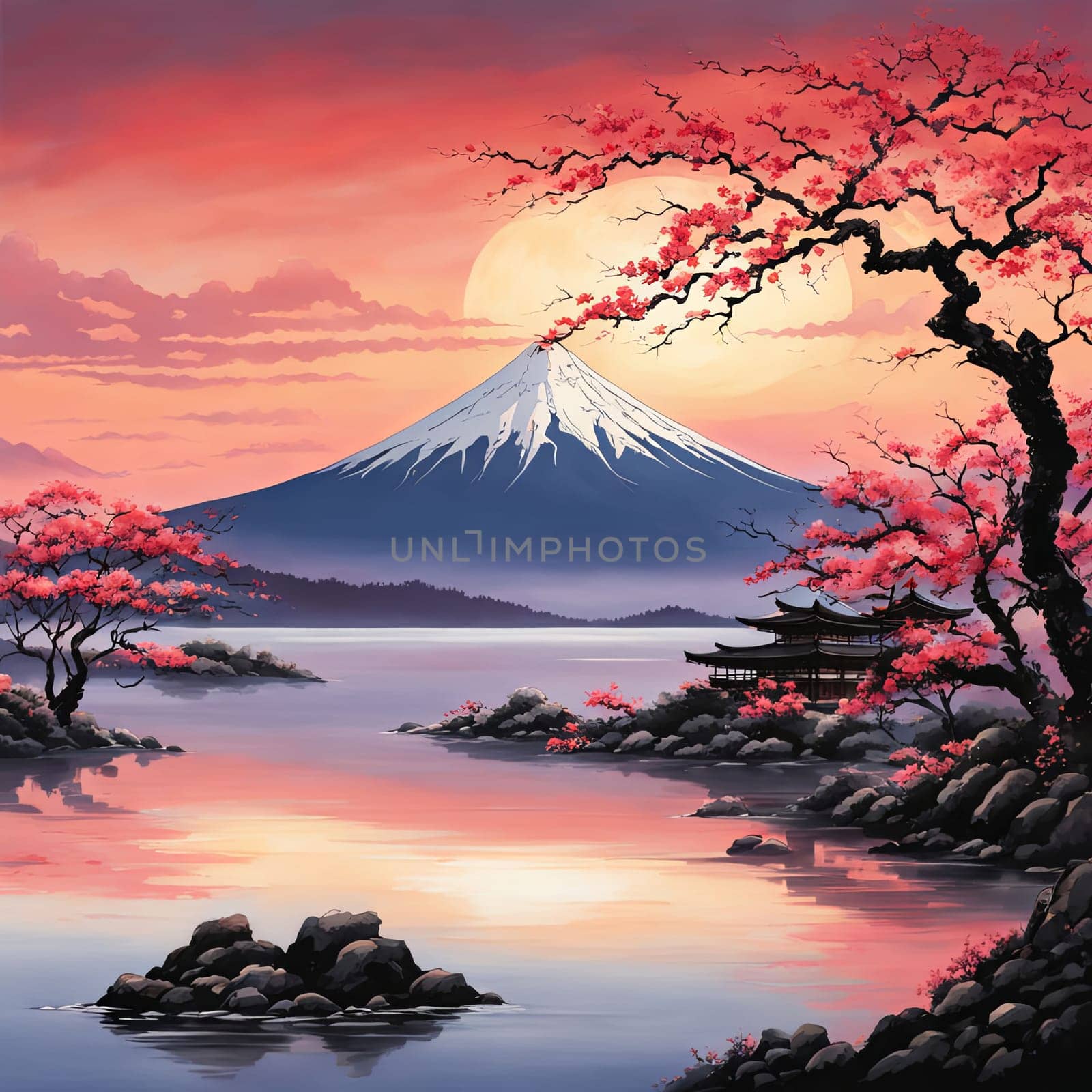 Cherry tree in full bloom with majestic Mount Fuji in background, capturing essence of traditional Japanese beauty, tranquility. For interior, commercial spaces to create stylish atmosphere, print. by Angelsmoon