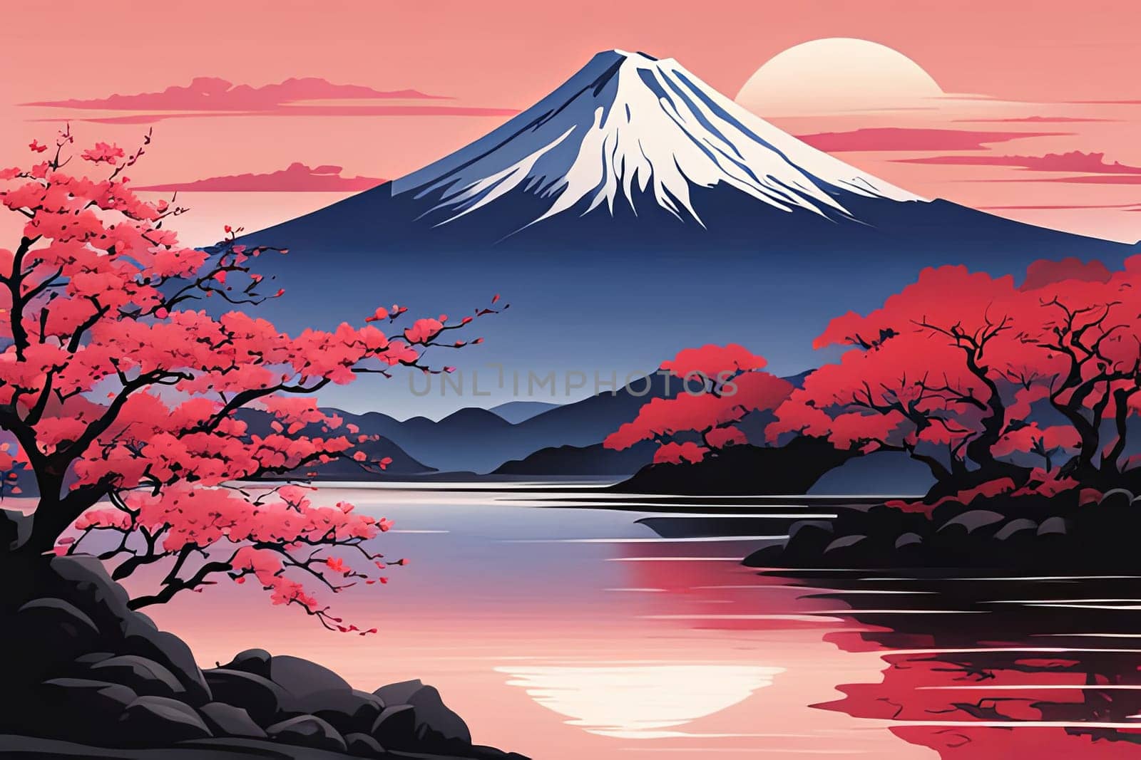 Painting of japanese Mount Fuji at sunset. For meditation apps, on covers of books about spiritual growth, in designs for yoga studios, spa salons, illustration for articles on inner peace, banner