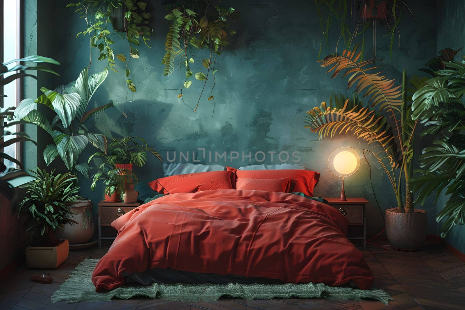 A bedroom filled with a cozy bed, houseplants in flowerpots, and a vibrant green wall creating a relaxing and inviting atmosphere within the building