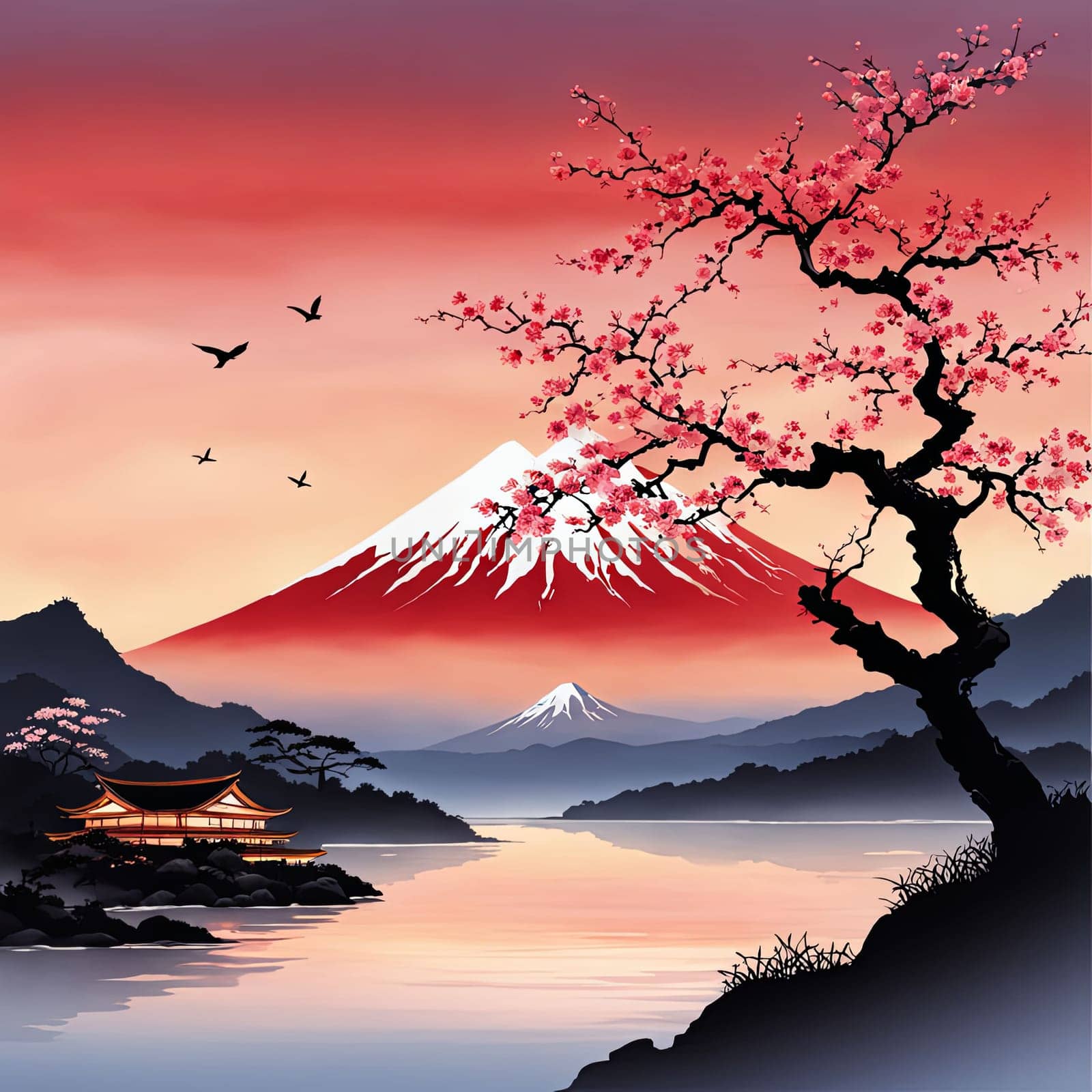 Majestic Mount Fuji, Japans iconic peak, bathed in warm hues of breathtaking sunset. Tranquil beauty of scene is accentuated by blending colors of sky. For art, creative projects, fashion, magazines. by Angelsmoon