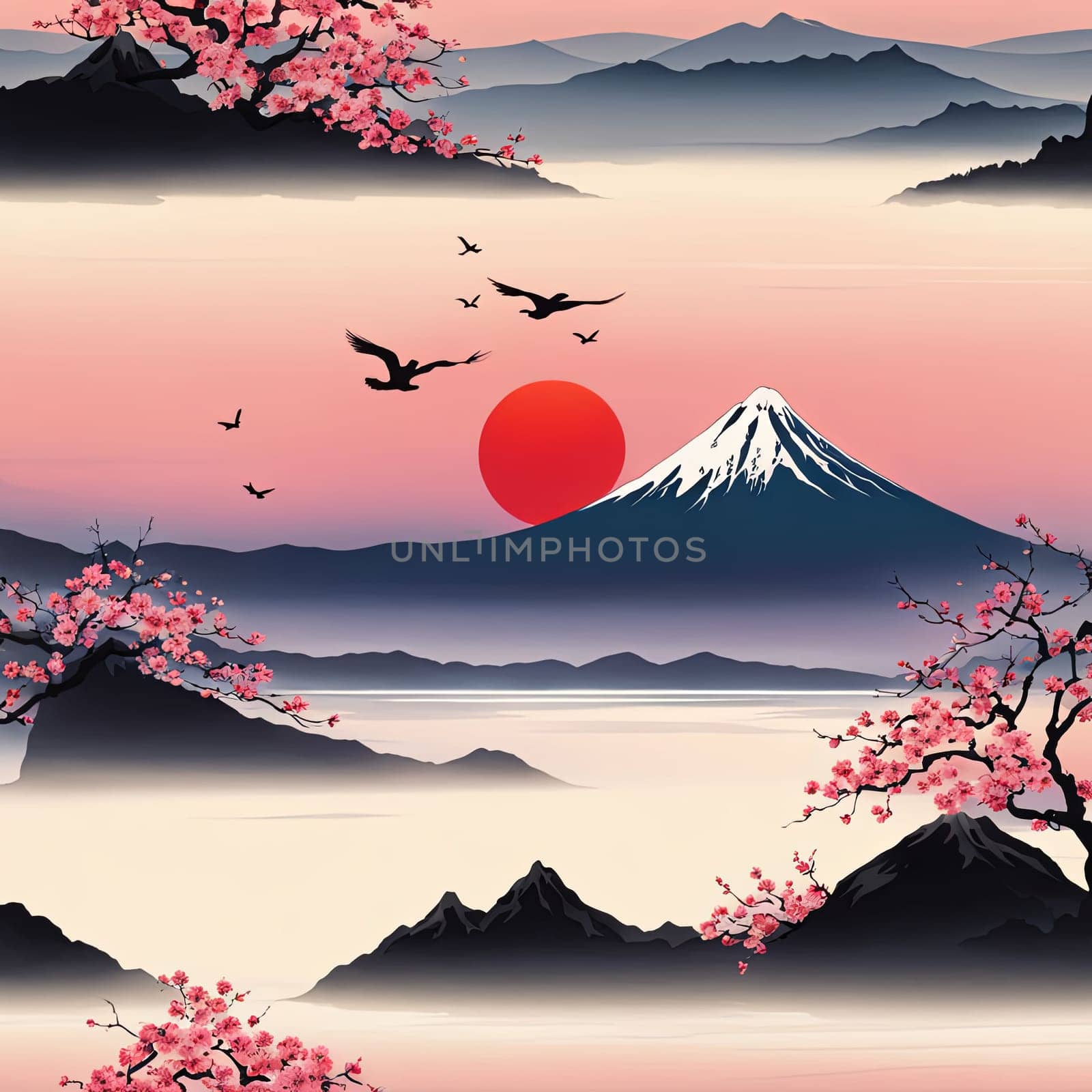 Majestic Mount Fuji, Japans iconic peak, bathed in warm hues of breathtaking sunset. Tranquil beauty of scene is accentuated by blending colors of sky. For art, creative projects, fashion, magazines. by Angelsmoon