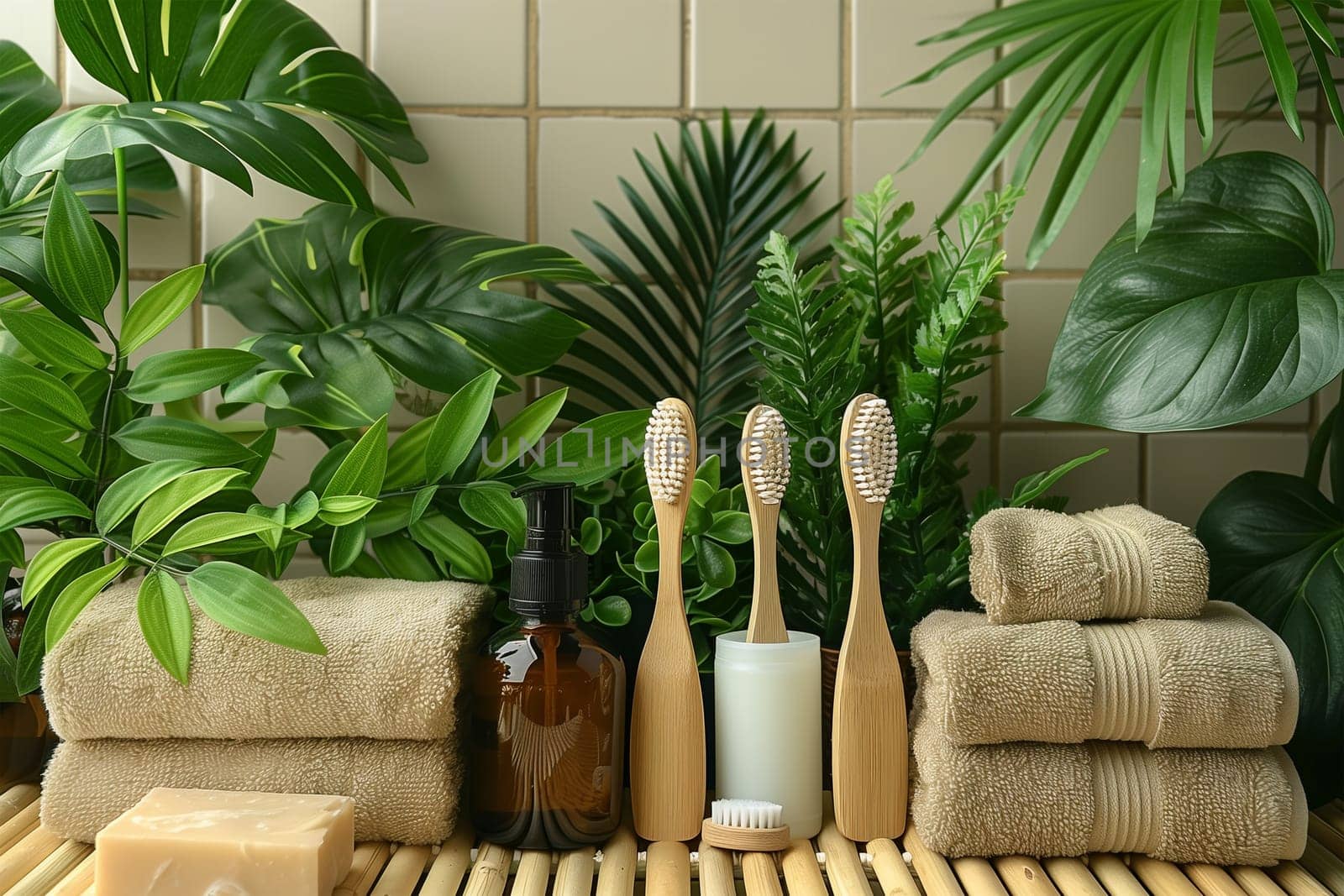 Various types of towels neatly arranged on a bamboo mat.