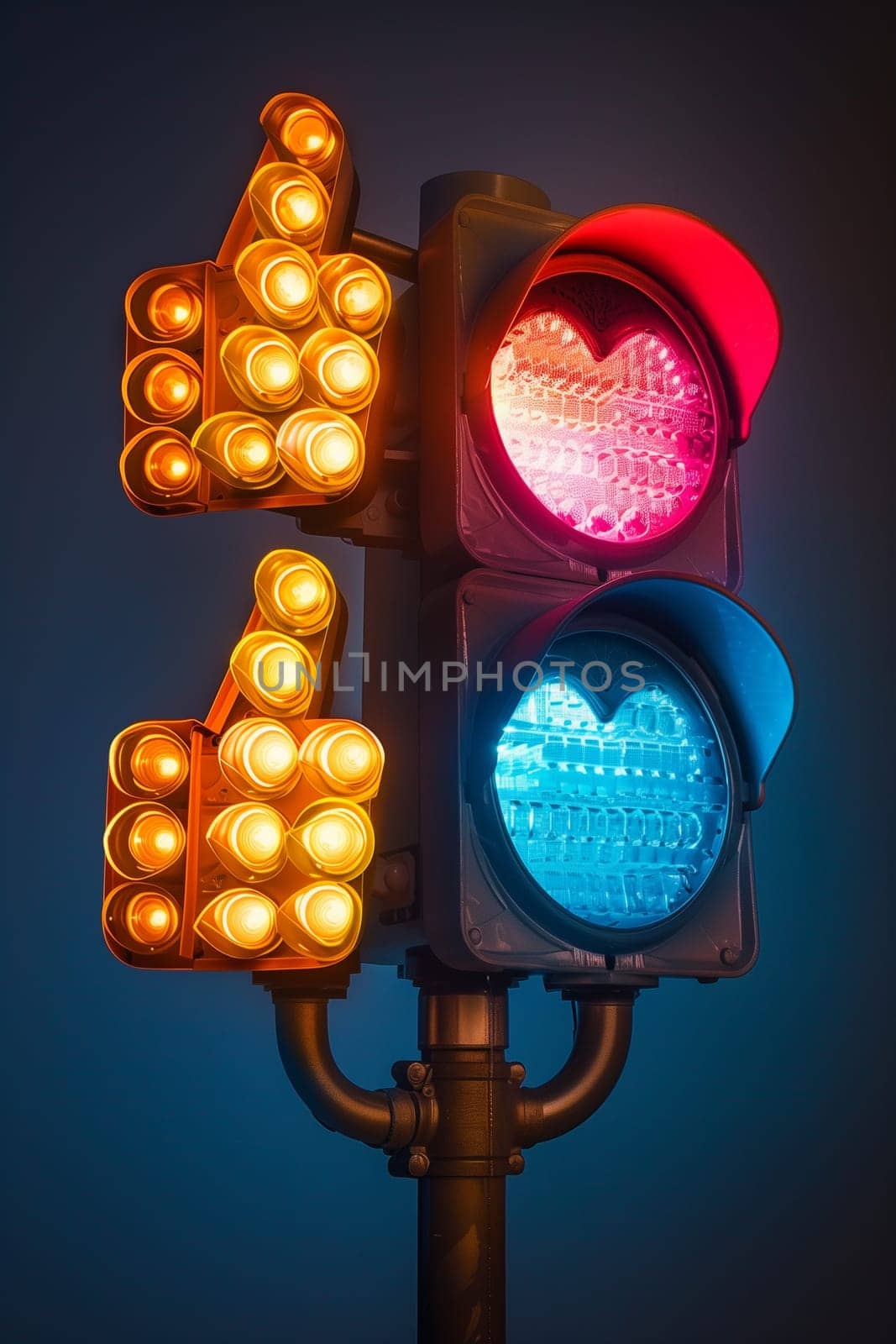 A traffic light displaying a heart symbol, symbolizing love and safety in the midst of urban traffic regulations.