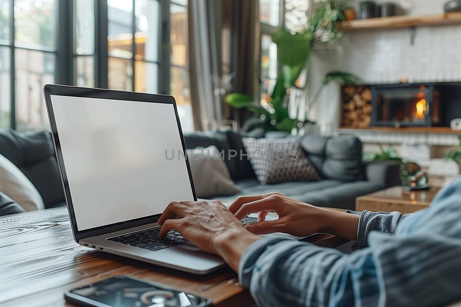 A person is sitting at a table, focused on their laptop screen, working diligently. Mockup.