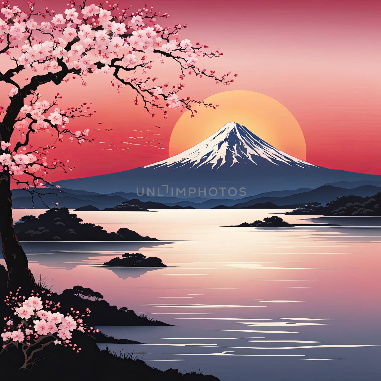 Majestic Mount Fuji in foreground, complemented by delicate backdrop of cherry blossoms in full bloom, tranquility of Japans iconic landscapes. For art, creative projects, fashion, style, magazines