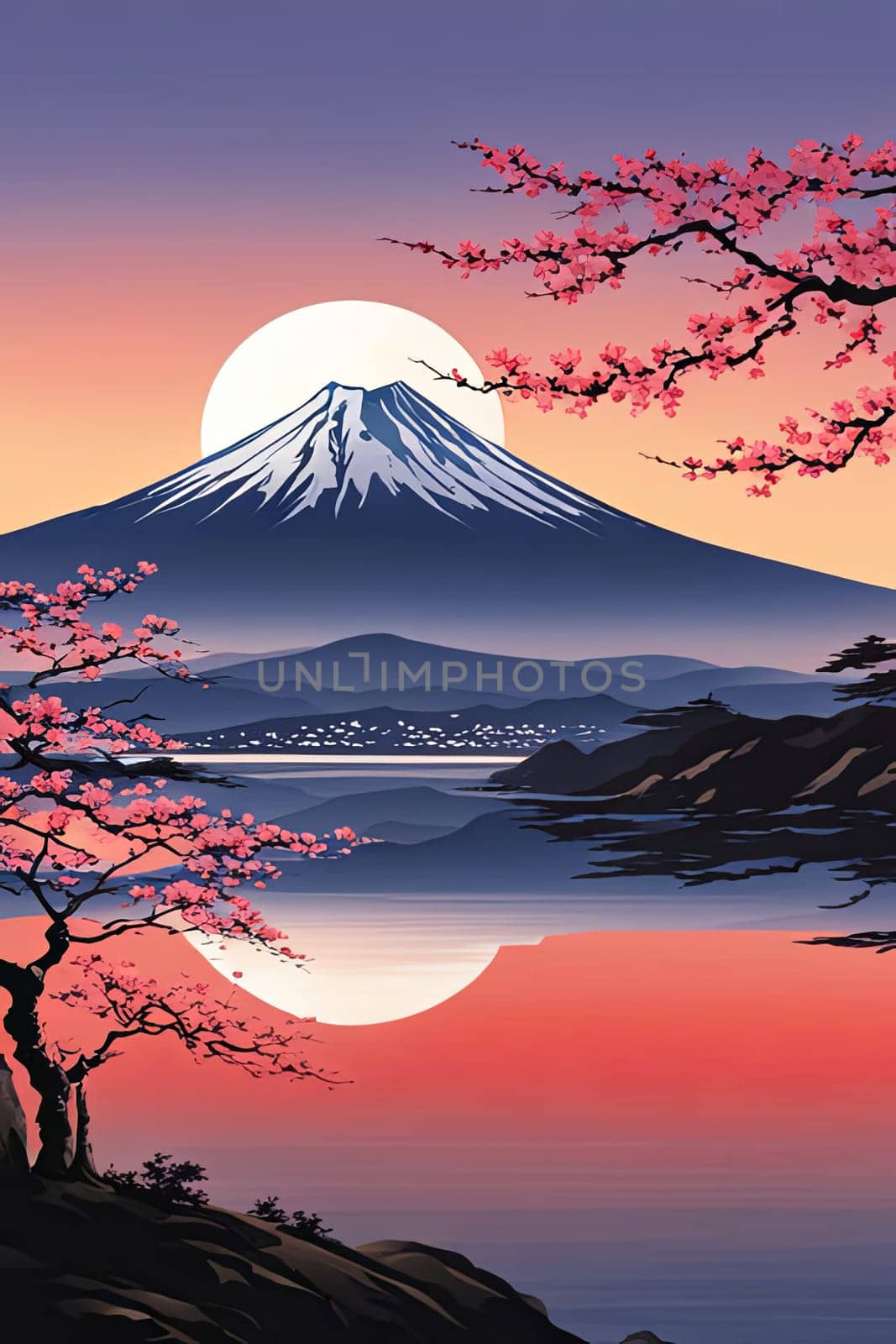 Mount Fuji majestically rising in background, framed by delicate cherry blossoms in full bloom, capturing essence of Japans natural beauty, cultural significance. For art, fashion, style, magazines