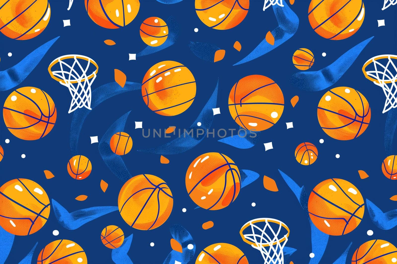 A repetitive pattern of basketballs and hoops displayed on a vibrant blue background, creating a visually striking design.