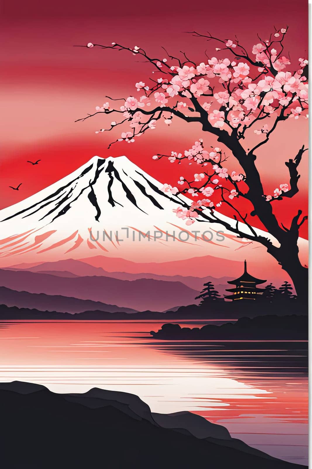 Cherry tree in full bloom with majestic Mount Fuji in background, capturing essence of traditional Japanese beauty, tranquility. For interior, commercial spaces to create stylish atmosphere, print