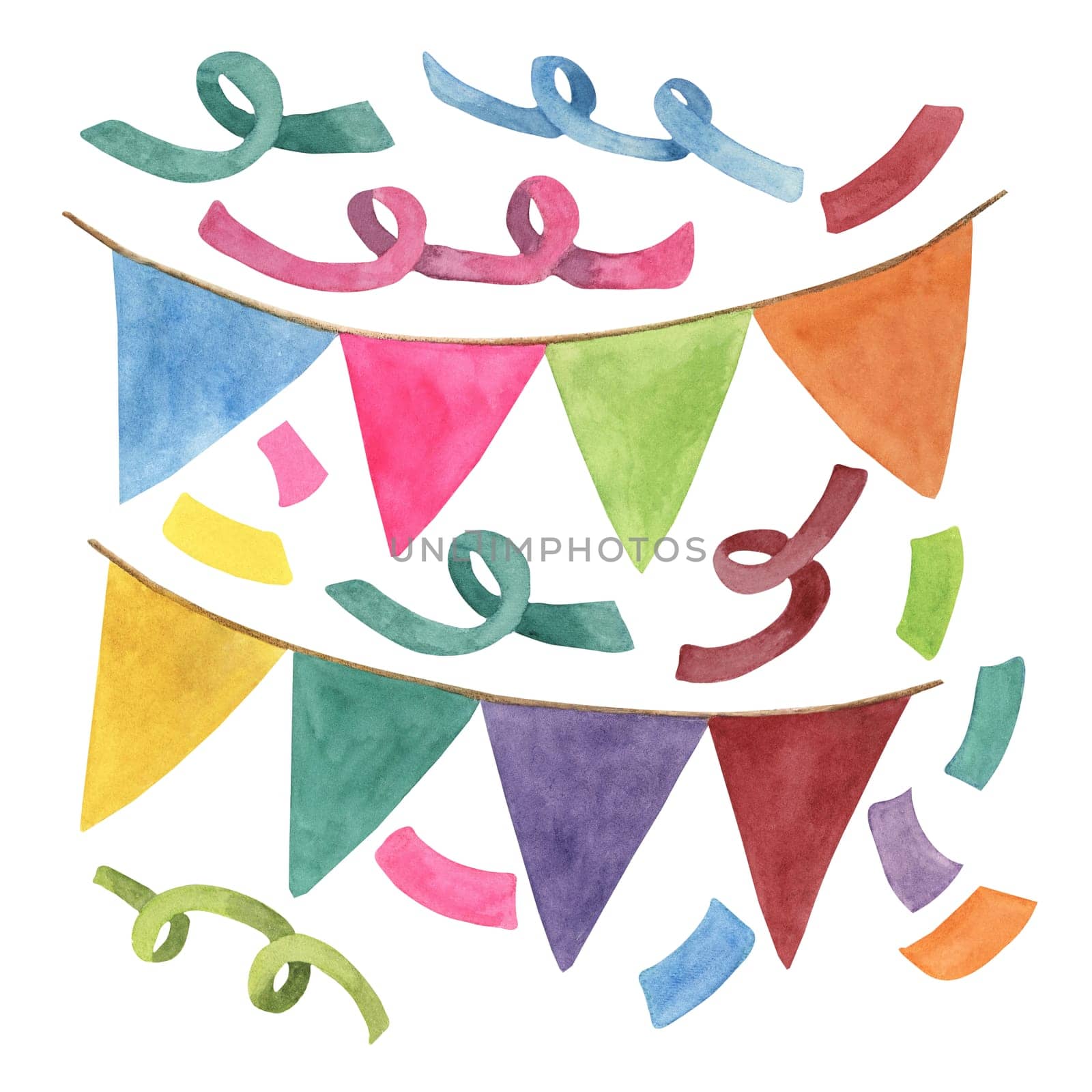 Colorful flags, confetti and serpentine set in watercolor. Colorful paper deco for Cinco de Mayo. Celebration designs for packaging, printing, cards, posters. Clip arts isolated on white background.