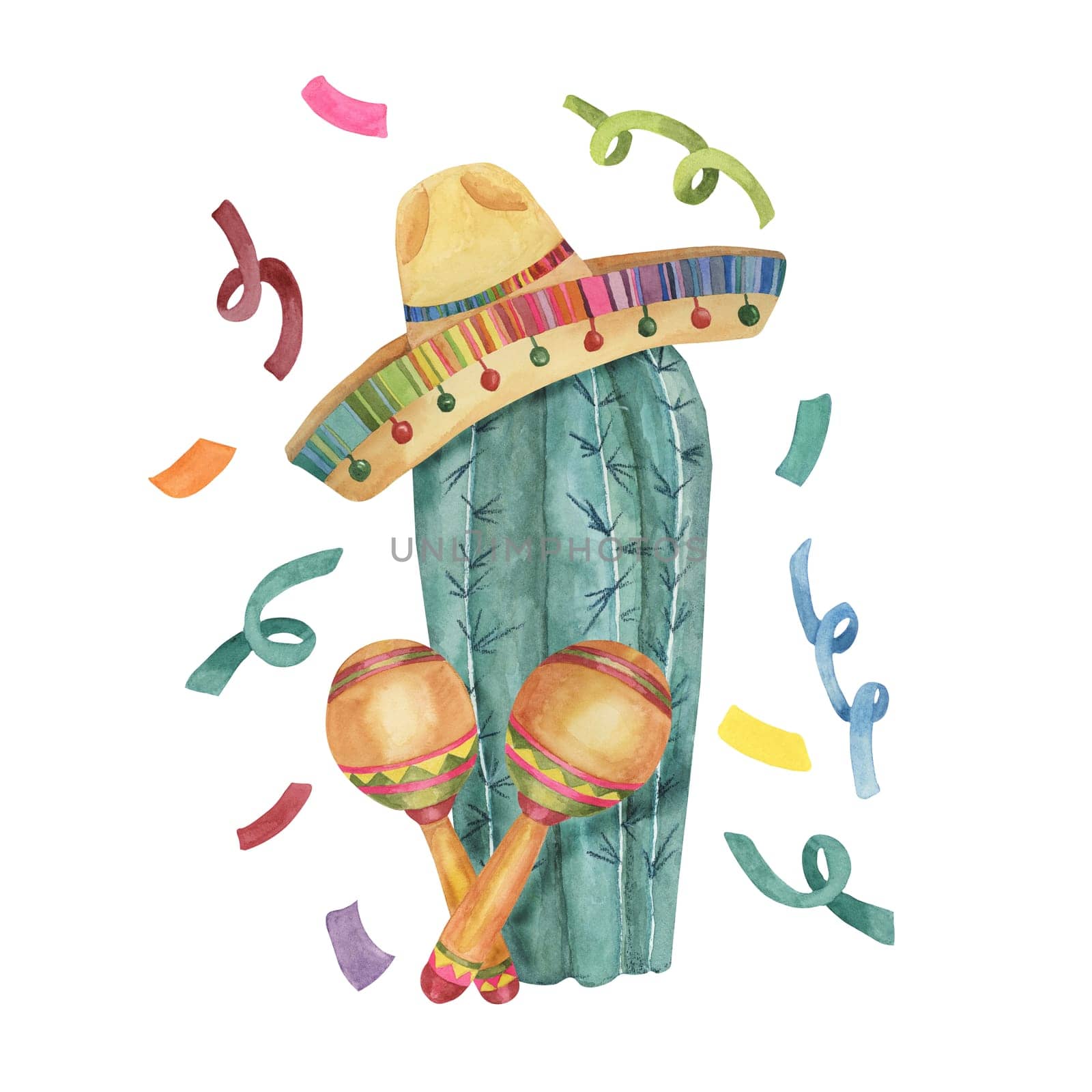 Cactus in sombrero with maracas and confetti. Watercolor illustration of cactus, hat, music instruments for Cinco de Mayo holiday. Clipart for printing, packaging, design isolated on white background.