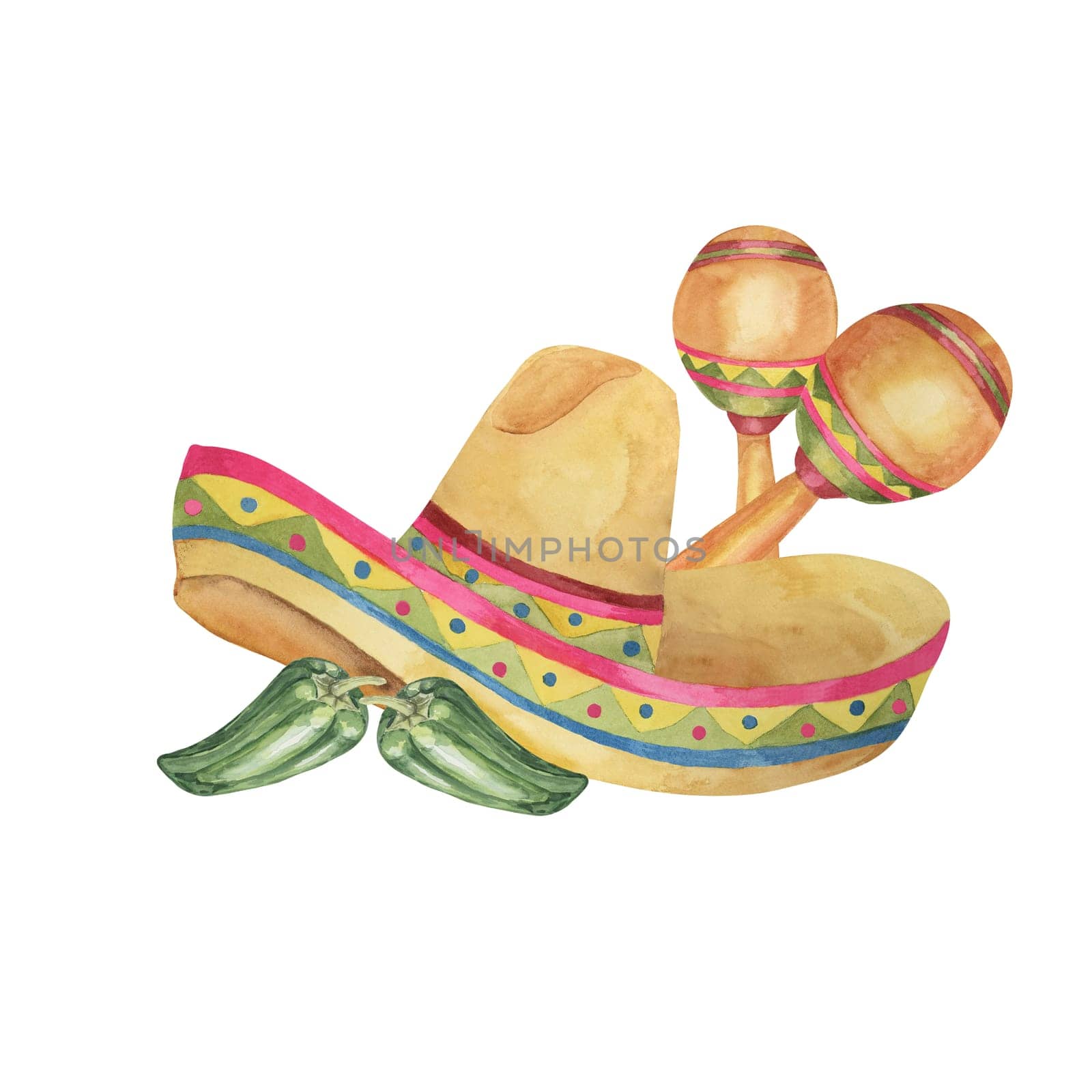 Traditional Mexican sombrero in watercolor. Ethnic hat with maracas and jalapeno. Aquarelle clipart isolated on white background. Design for printing, postcards, Cinco de Mayo, tourism