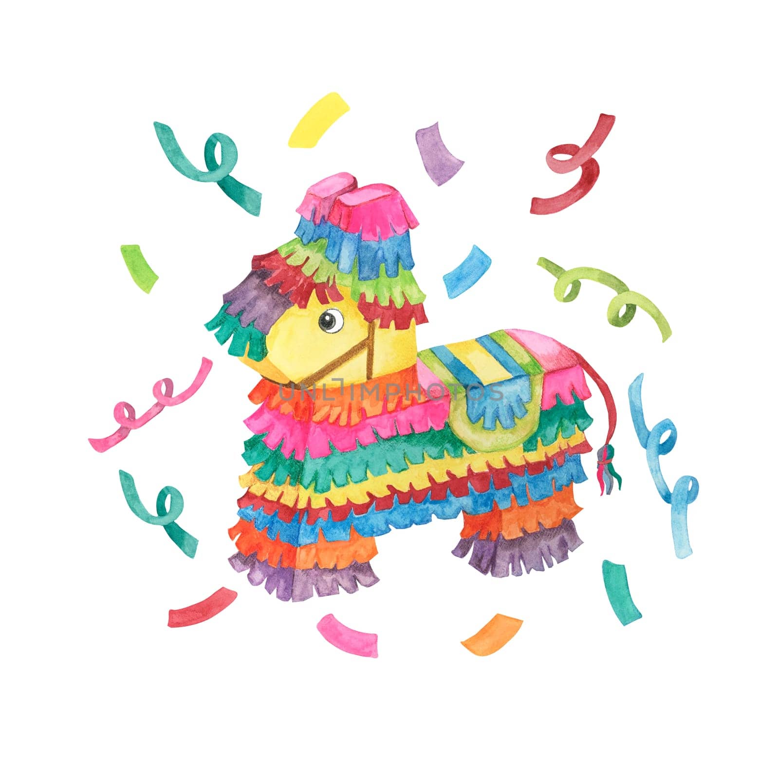 Colorful pinata with confetti in watercolor. Bright traditional party object designed as donkey with candy. Aquarelle clipart isolated on white background. designs for cards, printing, cinco de mayo