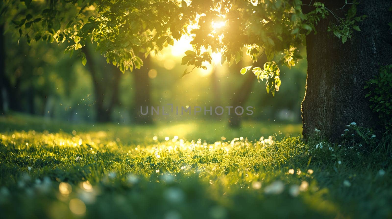 A serene dawn breaks as warm sunlight filters through the vibrant green leaves of a lush garden, heralding a new day - springtime background - Generative AI