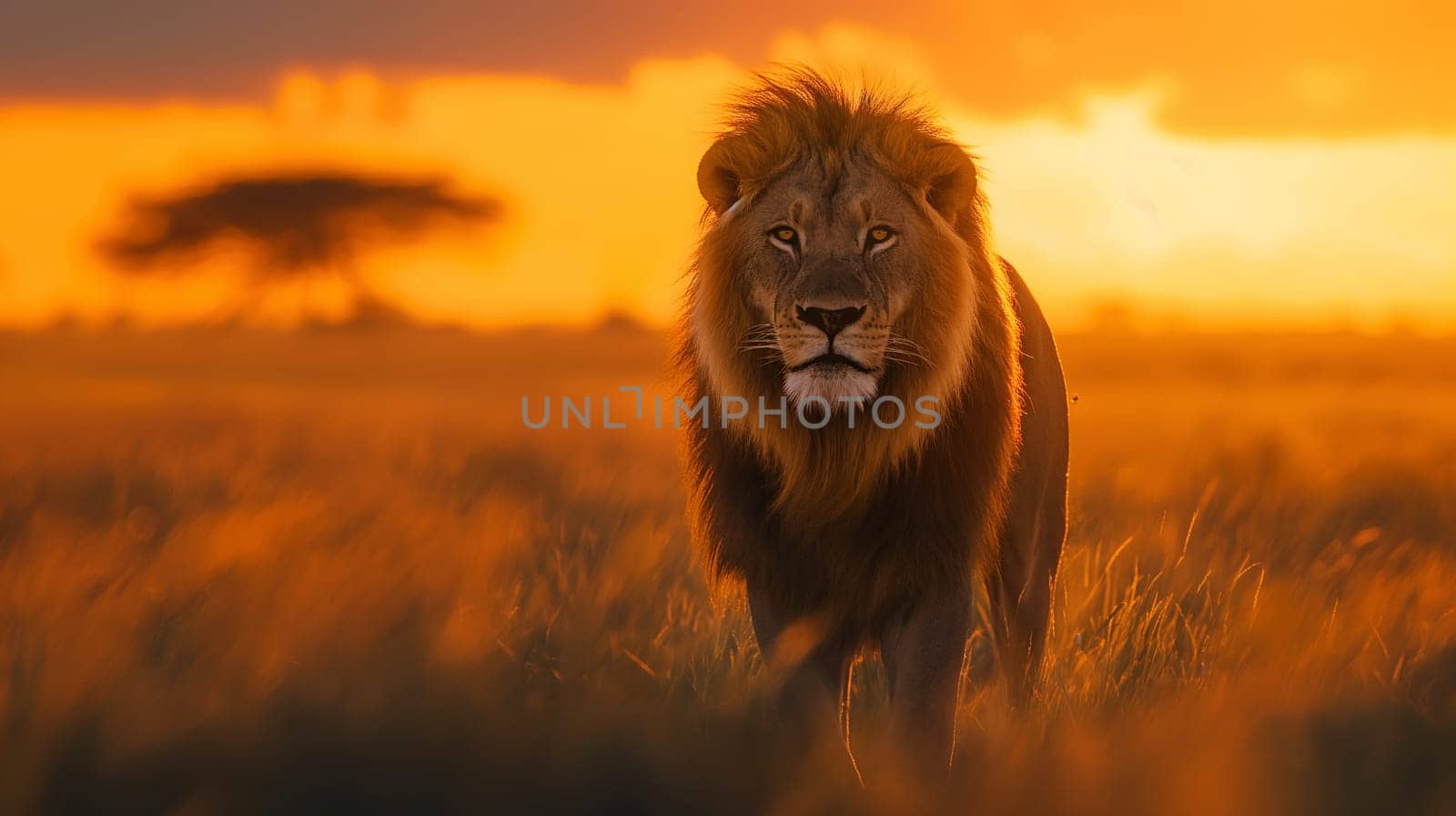 A lone lion walks towards the camera, its mane illuminated by the golden light of the setting sun against the vast African savannah - Generative AI