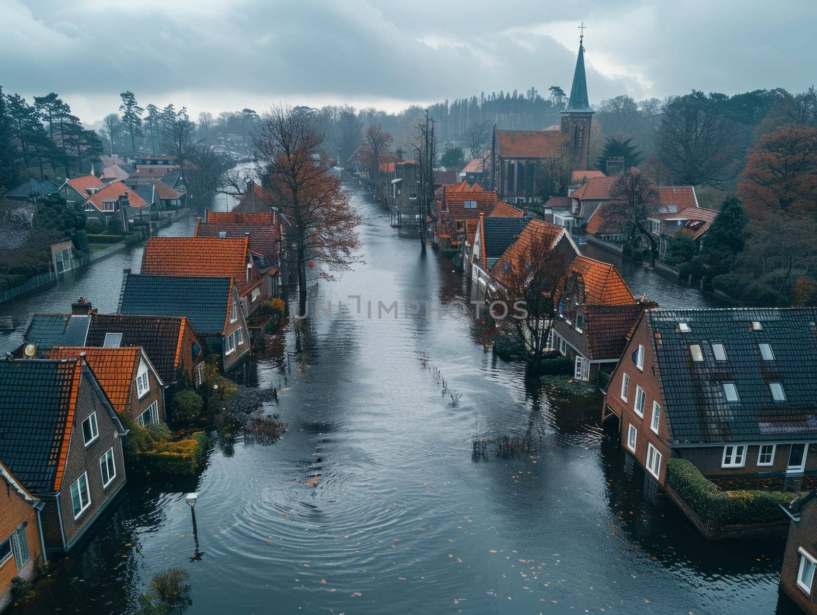 Aerial view of flooding city. Natural disaster damages houses and vehicles. Extreme flood and storm aerial photo. Ai generated.