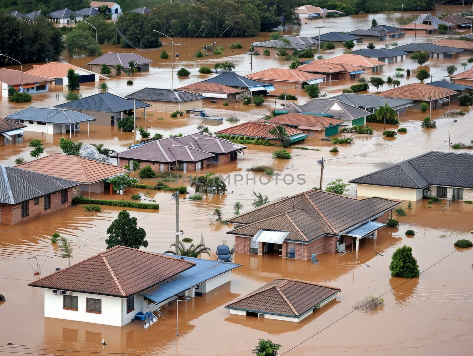 Aerial view of flooding city. Natural disaster damages houses and vehicles. Extreme flood and storm aerial photo. by iliris