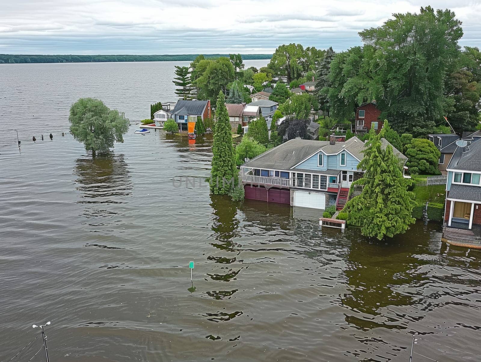 Aerial view of flooding city. Natural disaster damages houses and vehicles. Extreme flood and storm aerial photo. by iliris