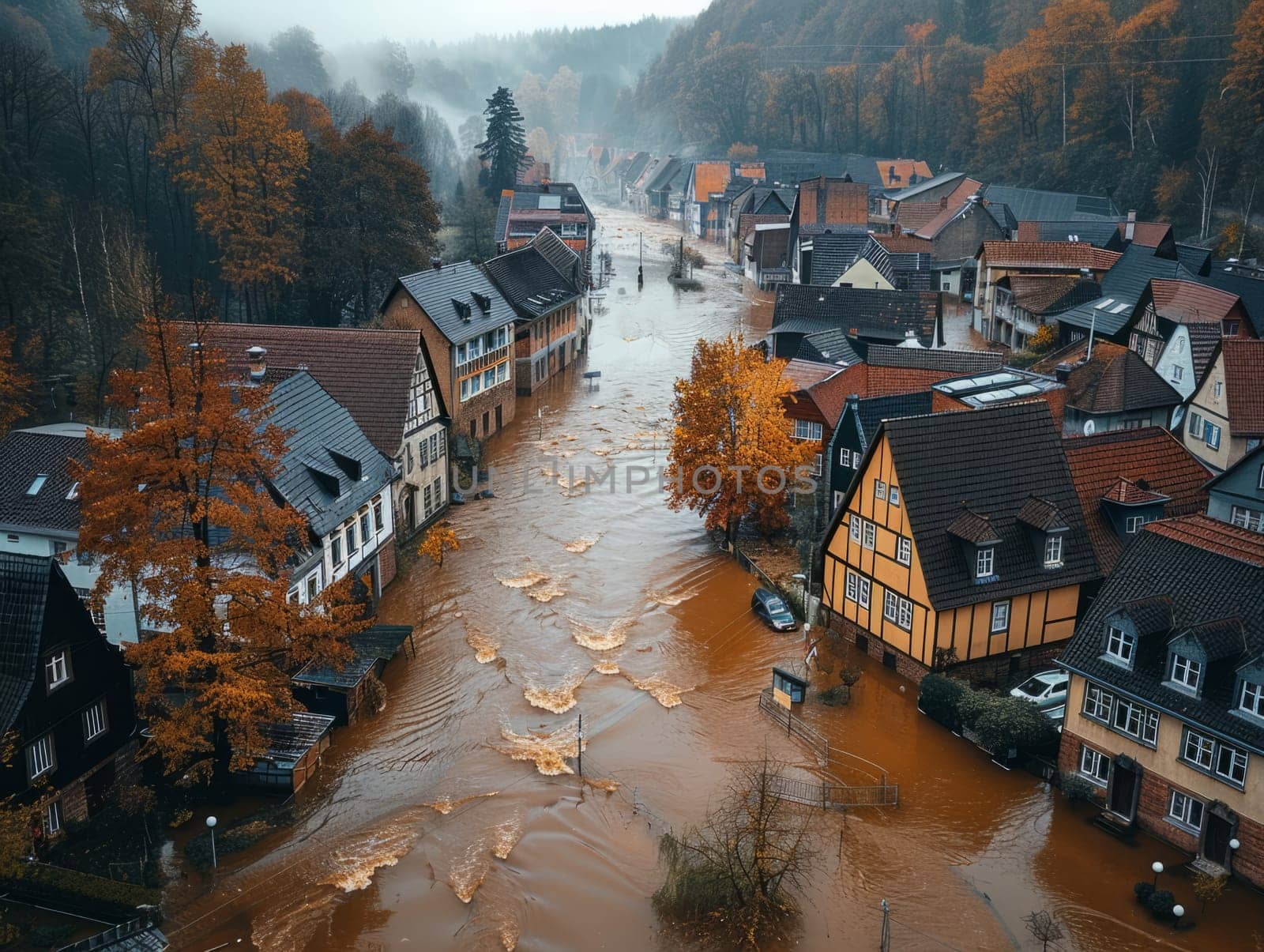 Aerial view of flooding city. Natural disaster damages houses and vehicles. Extreme flood and storm aerial photo. Ai generated.