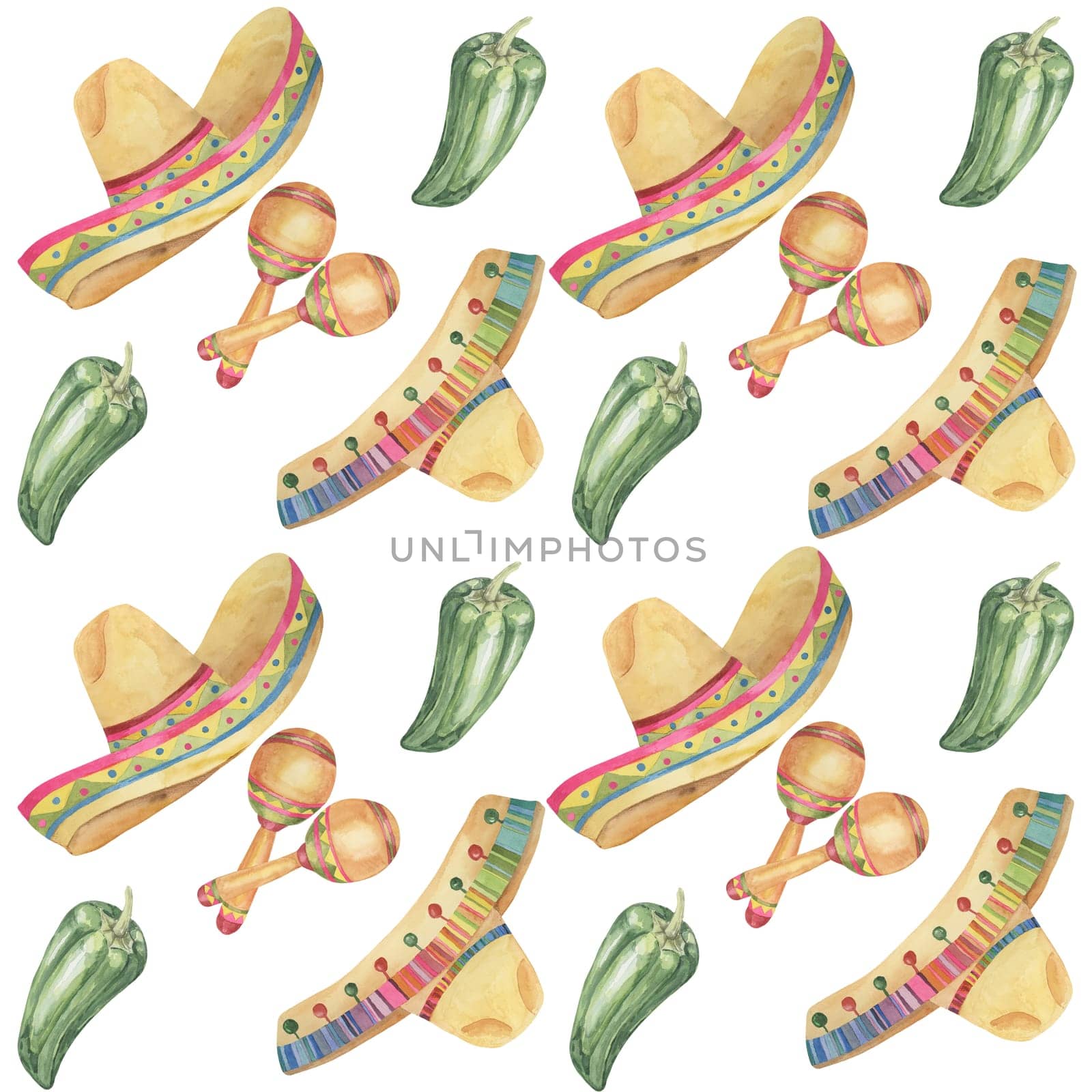 Seamless pattern with Cinco de Mayo hand drawn elements in watercolor. Colorful sombreros with maracas and jalapeno tiles. Repeat clip arts for printing, textile, apparel, wrapping, paper, packaging