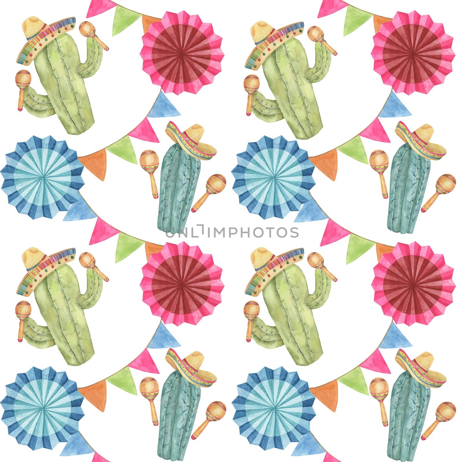 Seamless pattern with Cinco de Mayo hand drawn elements in watercolor. Colorful cacti with maracas and fiesta flowers tiles. Repeat clip arts for printing, textile, apparel, wrapping, paper, packaging