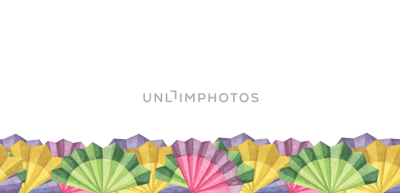 Seamless border of Mexican paper fans hand drawn set in watercolor. Colorful Cinco de Mayo design with fiesta flowers isolated on white background. Clip arts for printing, cards, banners, packaging