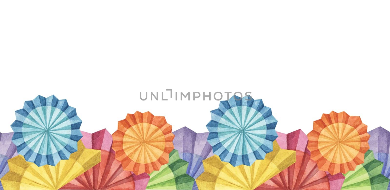 Seamless border of Mexican paper fans hand drawn set in watercolor. Colorful cinco de mayo design with fiesta flowers isolated on white background. Clip arts for printing, cards, banners, packaging