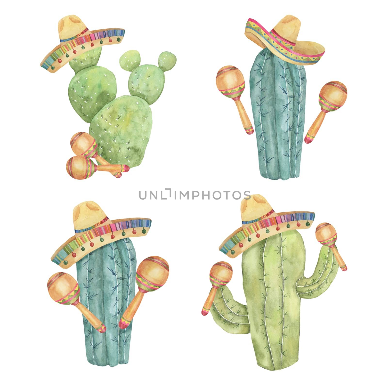 Cinco de Mayo funny cacti in watercolor by Fofito