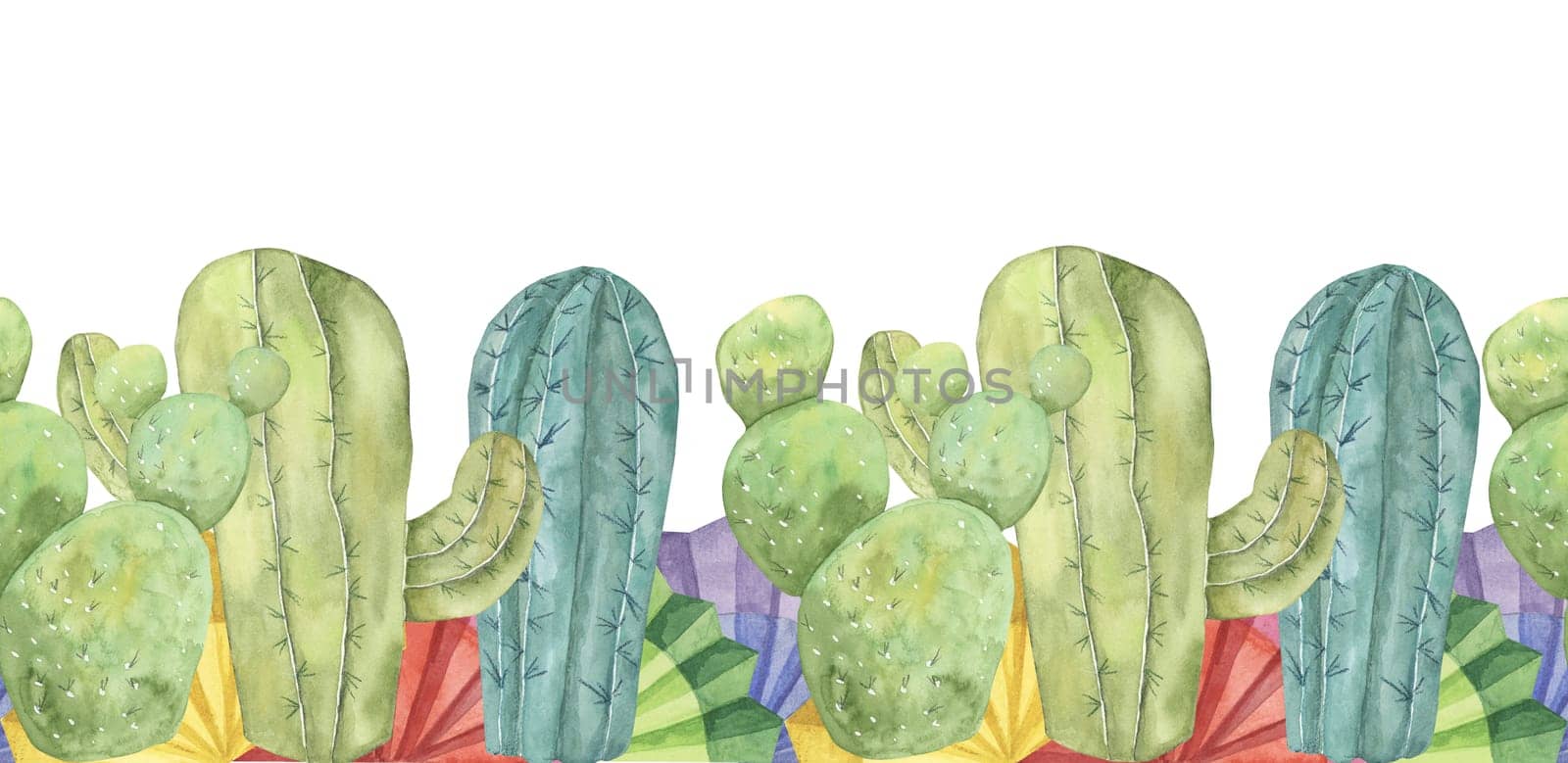 Seamless border of cacti in watercolor by Fofito