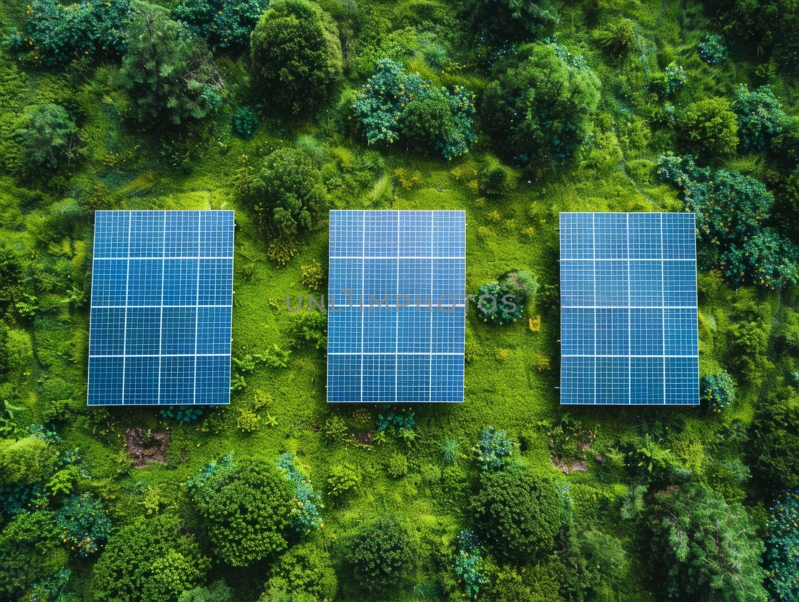 Solar panels in green field aerial view. Sustainable energy, green technology concept by iliris