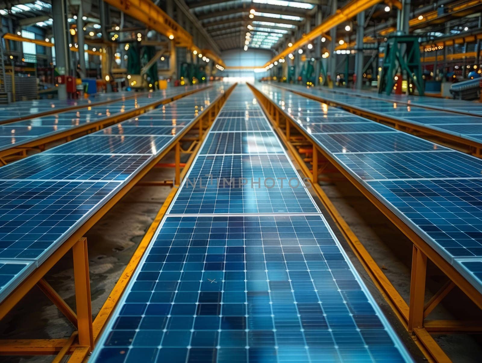 Solar panels manufacturing. huge solar panels for sustainable projects. Green energy and nature conservation . Ai generated