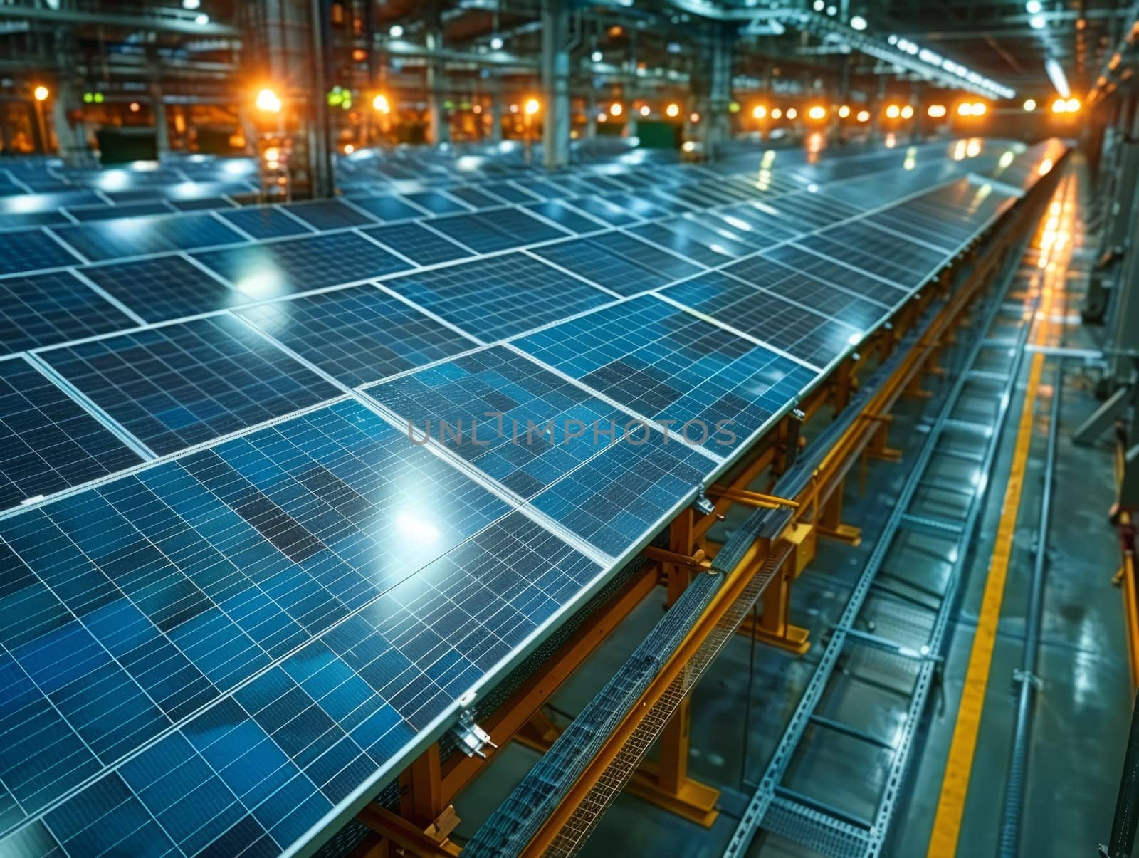 Solar panels manufacturing. huge solar panels for sustainable projects. Green energy and nature conservation . Ai generated