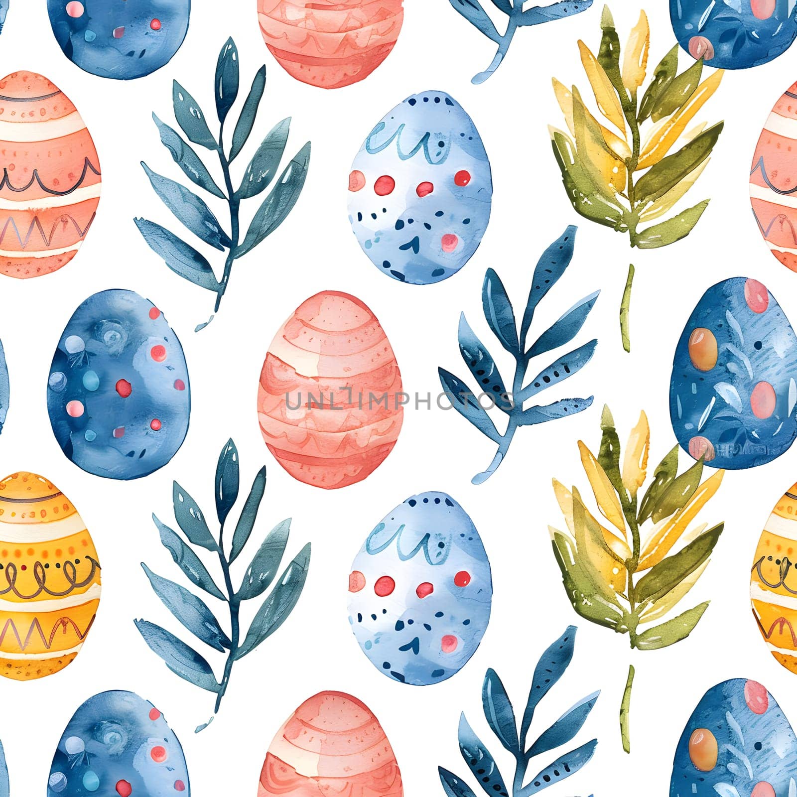 A beautiful seamless pattern of watercolor Easter eggs and leaves in shades of azure and aqua on a white background, perfect for dishware or textile designs