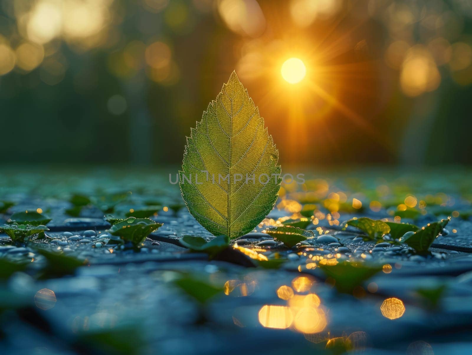 Green leaf is over a solar panel. Macro closeup concept of sustainable energy and nature. . Ai generated