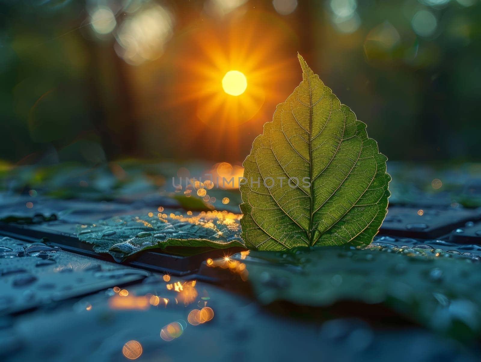 Green leaf is over a solar panel. Macro closeup concept of sustainable energy and nature. by iliris