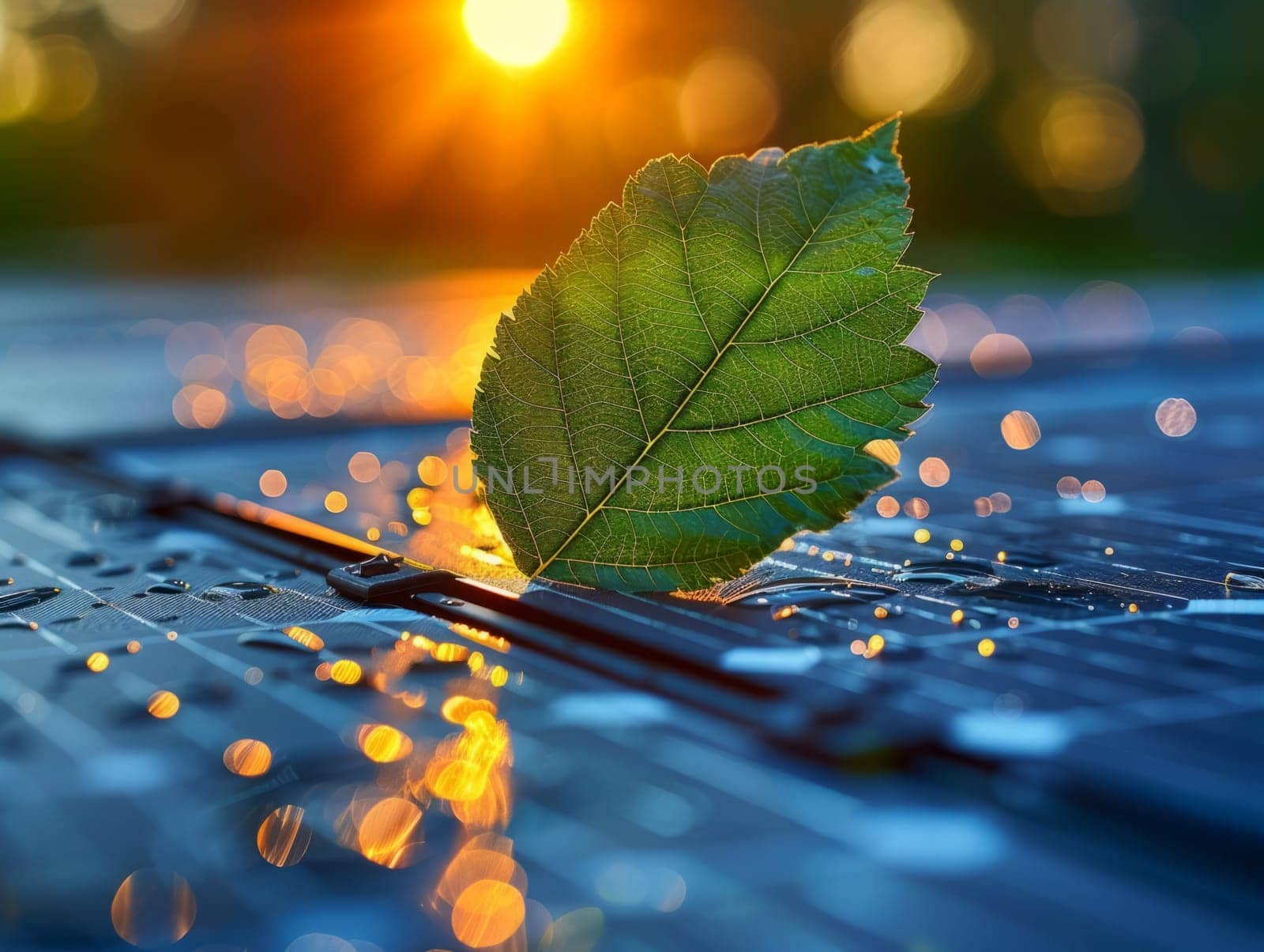 Green leaf is over a solar panel. Macro closeup concept of sustainable energy and nature. by iliris