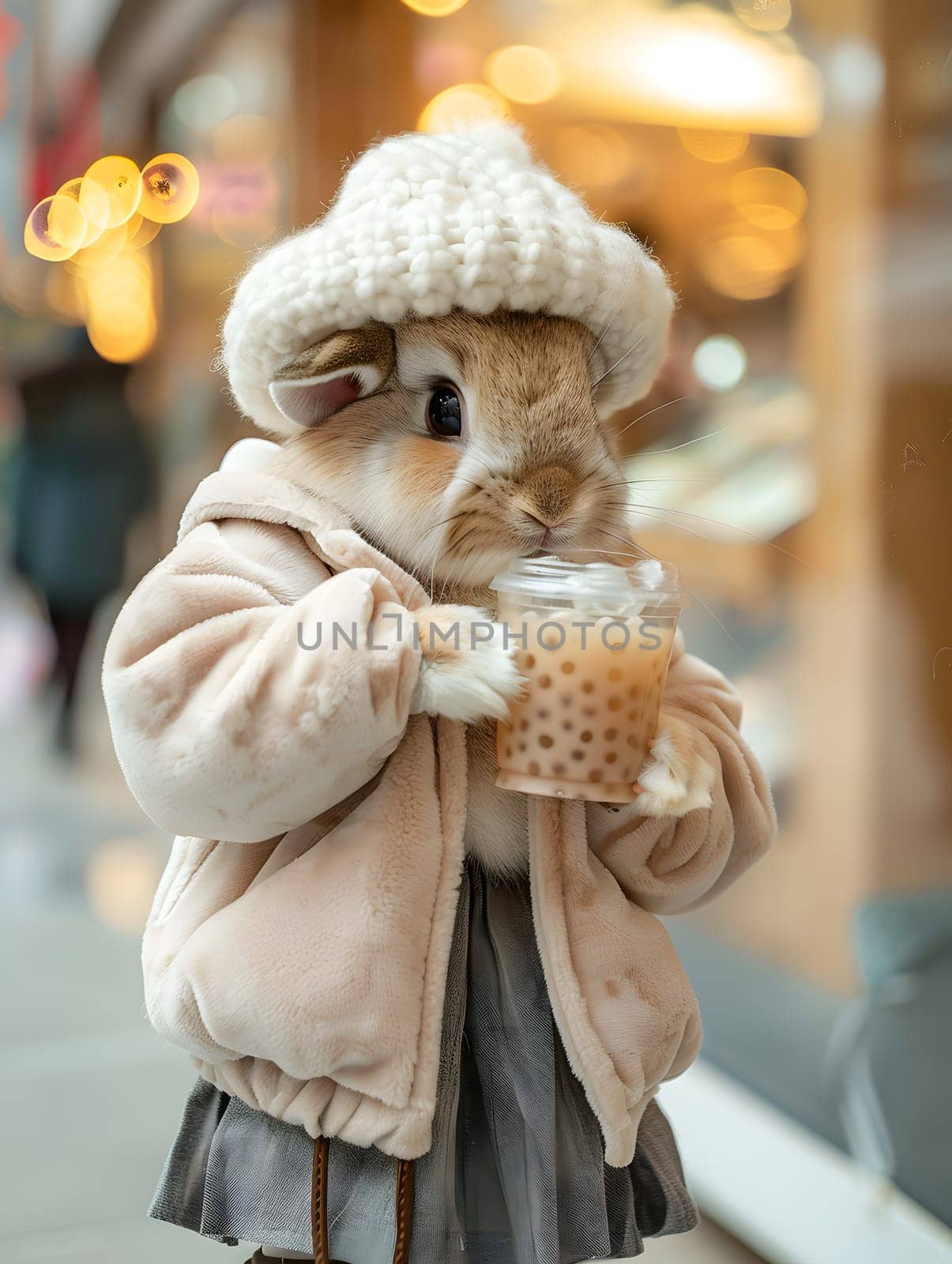 A furry rabbit in winter fur clothing and a cute hat and jacket, holding a cup of bubble tea. A fun and tradition event turned into a toy art