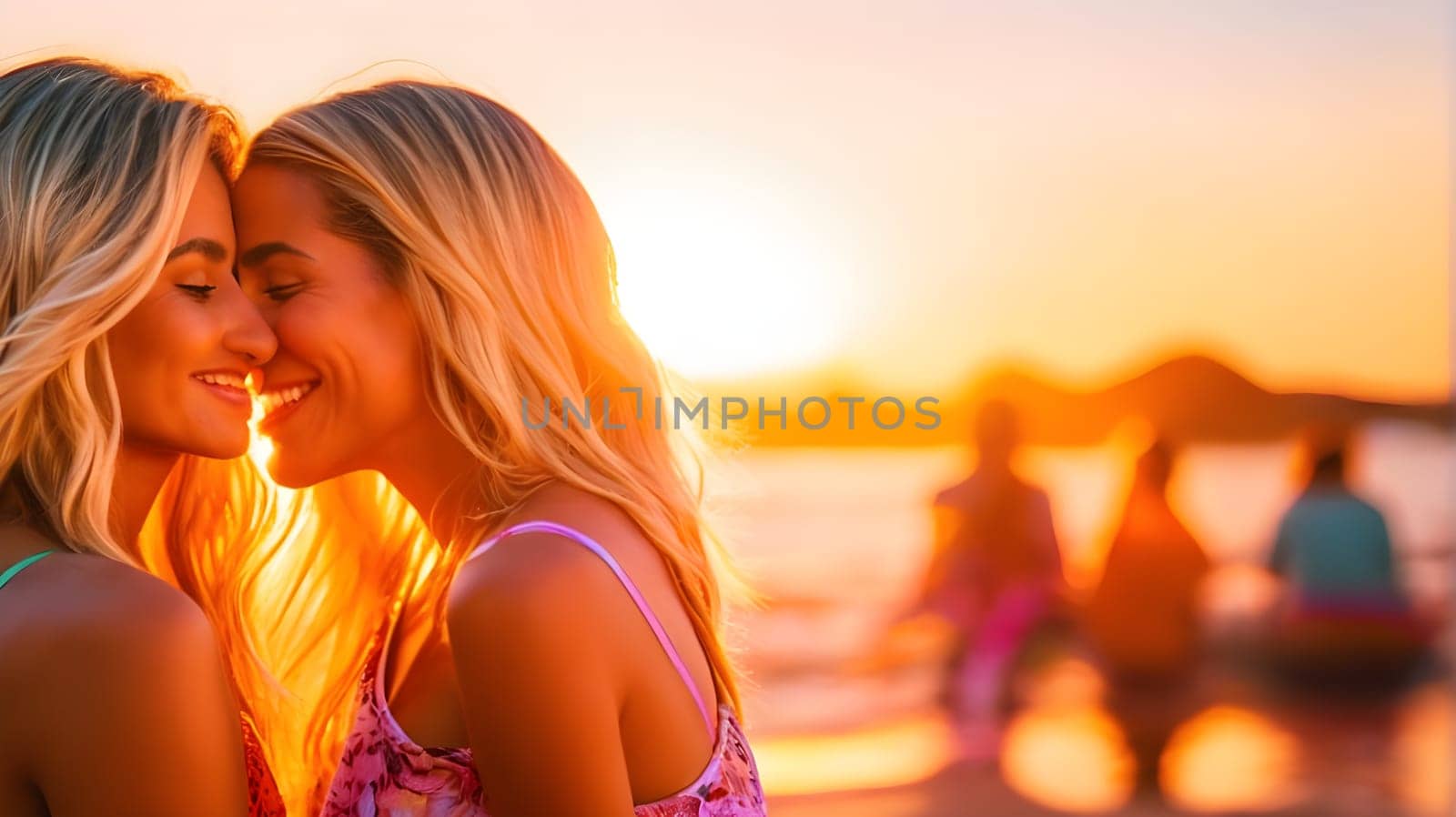 Two blondy lesbians pressed face to face on a tropical beach at sunset. by andre_dechapelle