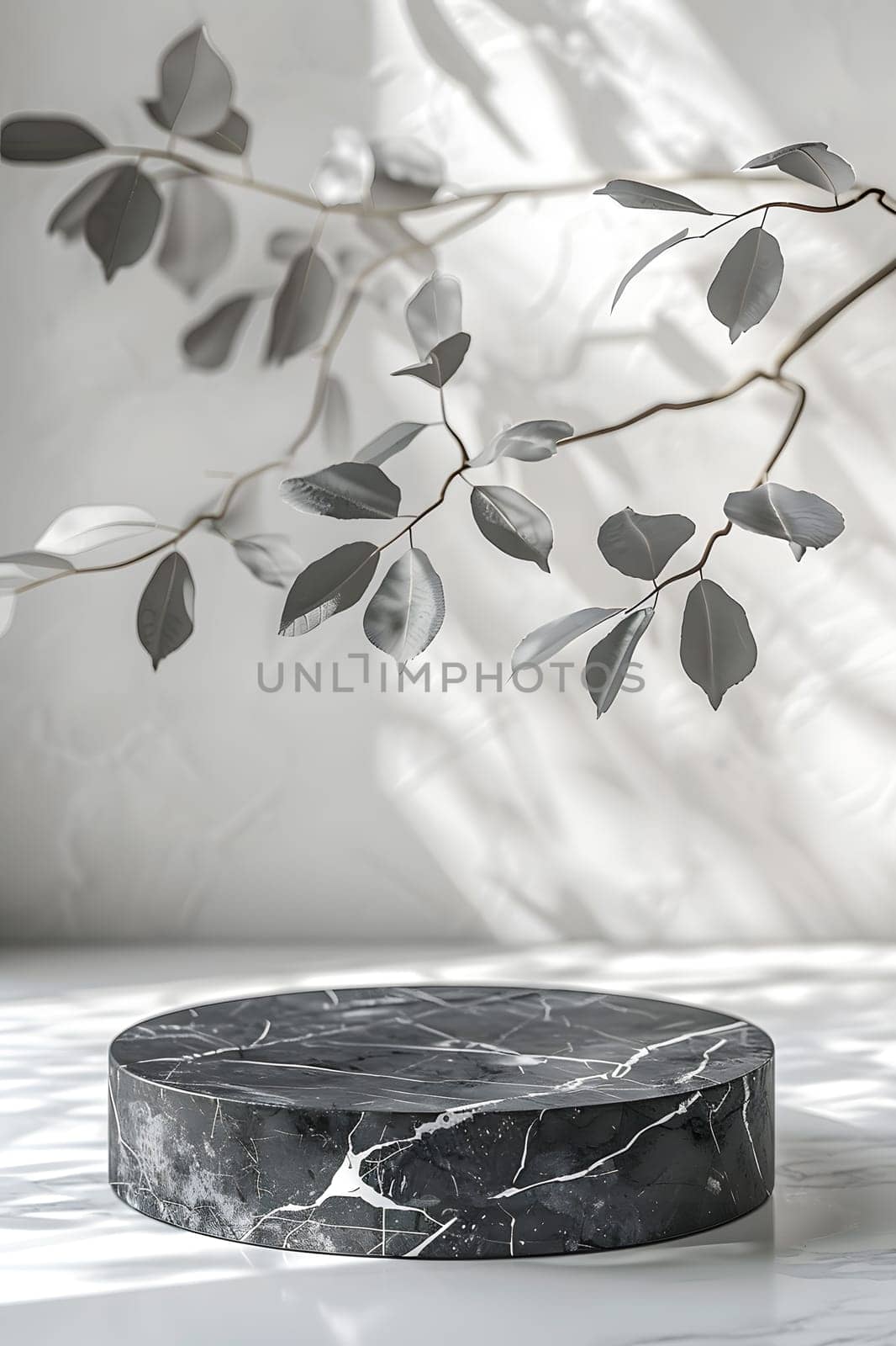 A monochrome photo of a black marble podium adorned with delicate leaves and twigs, showcasing a timeless style with natural materials and a sleek blackandwhite color palette