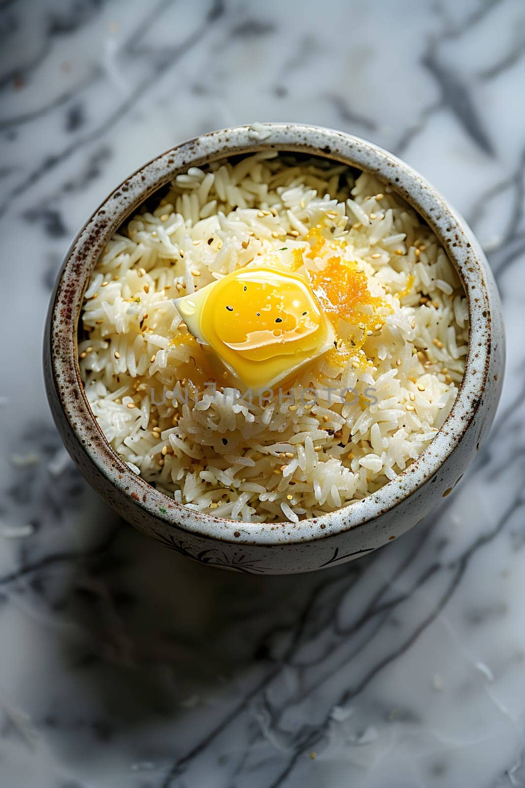 A simple dish made of rice topped with a pat of butter, a humble yet delicious combination of ingredients perfect for any cuisine or meal