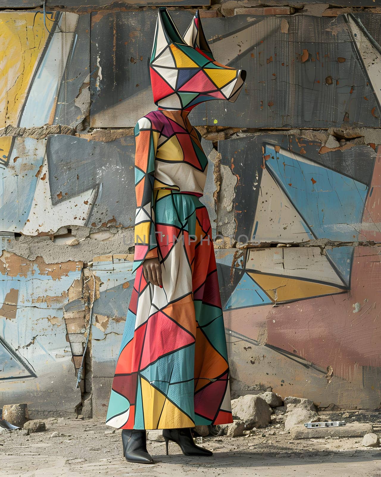 A woman wearing a colorful dress with a fox head at an art event by Nadtochiy