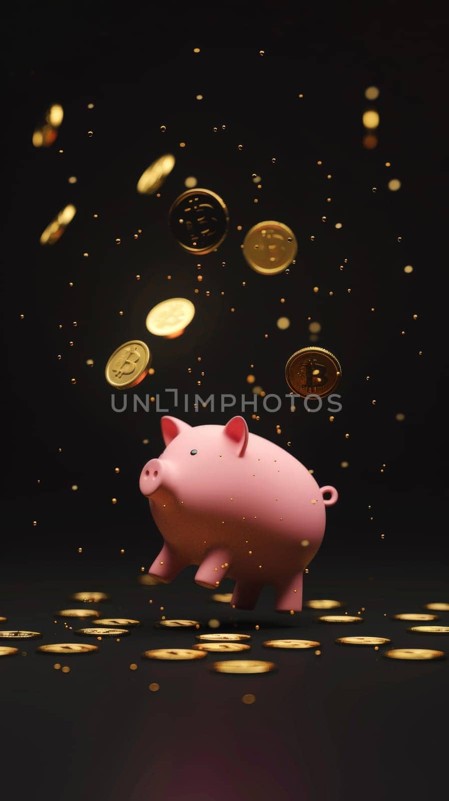 Gold coins falling into pink piggy bank on darkness background, Generative AI by nijieimu