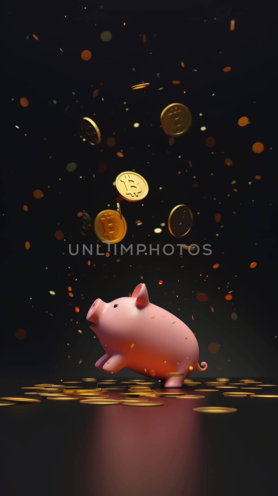 Gold coins falling into pink piggy bank on darkness background, Generative AI by nijieimu