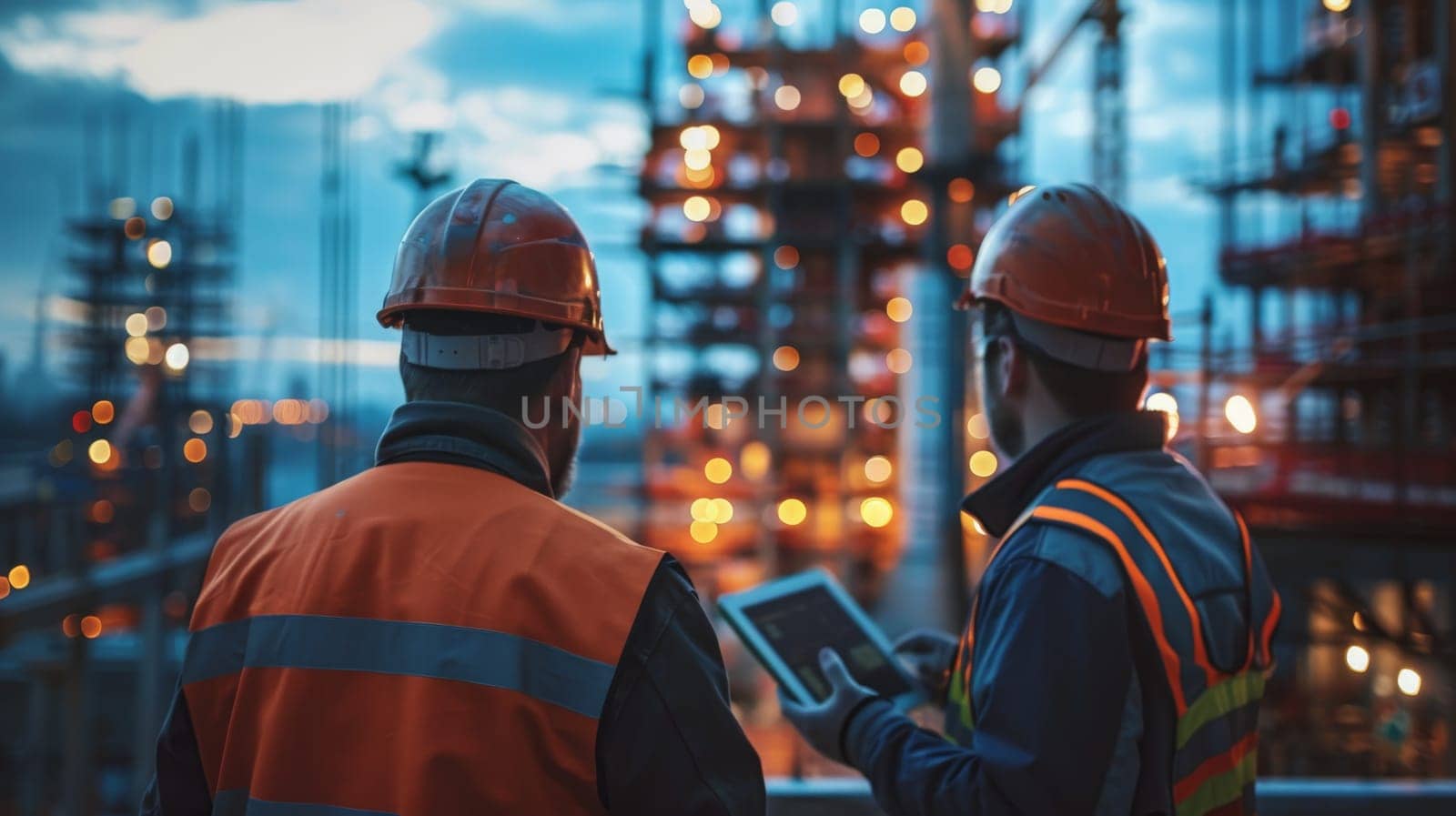 Interaction between Foreman and technician in construction site, Generative AI.