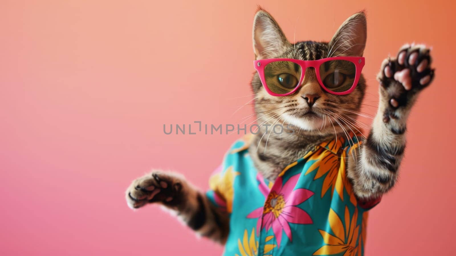 Cat wearing colorful clothes and sunglasses on pastel background, Summer vacation, Generative AI.