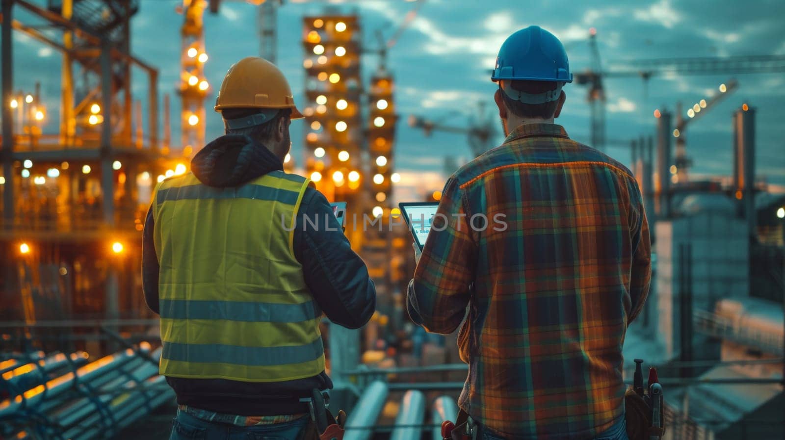 Interaction between Foreman and technician in construction site, Generative AI.