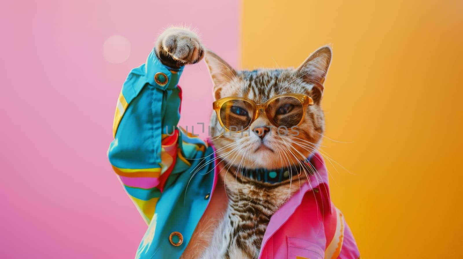 Cat wearing colorful clothes and sunglasses on pastel background, Summer vacation, Generative AI.